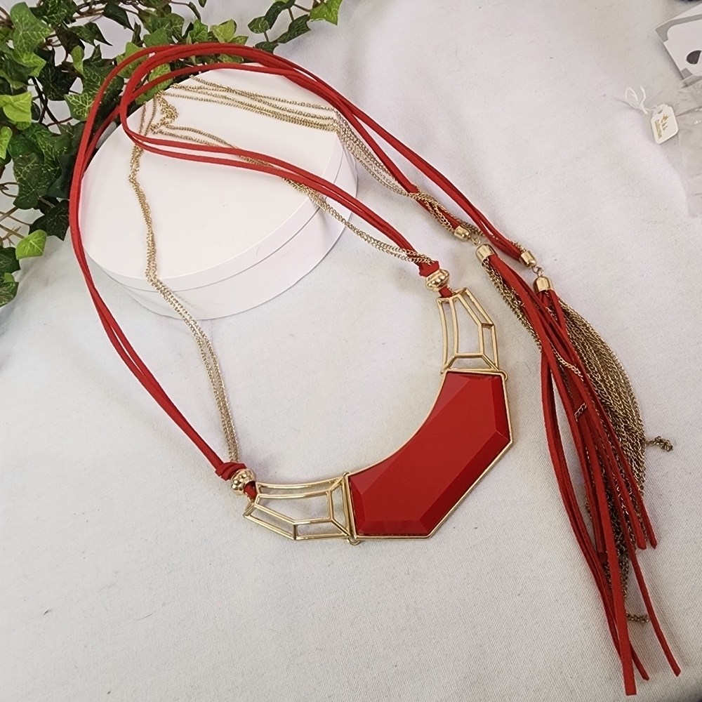 Long Adjustable Necklace Red Suede Leather and Gold Chain with Bid